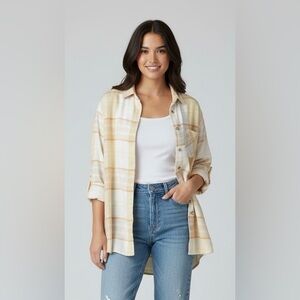 Top Shop tan/cream/white squares long-sleeved shirt, good condition, size 8